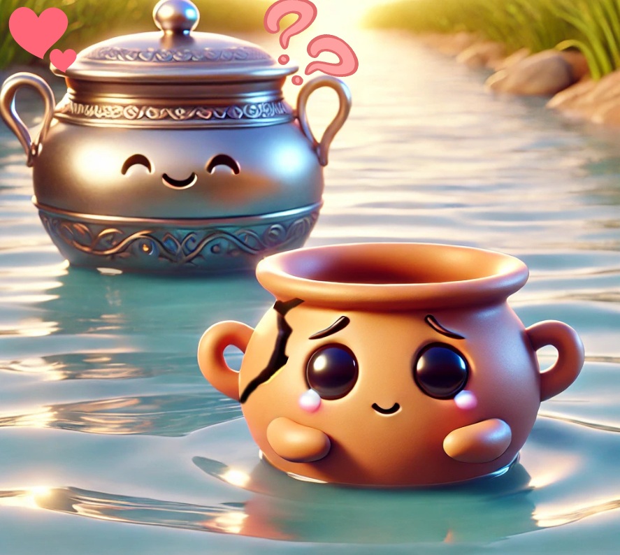 Get too close, and like this pot, you might break. 🏺
Sometimes, distance protects. 💧

悪気がなくても近すぎると ぶつかりこの壺の様に壊れてしまうこともある🪔
自身を守るのは適度な距離。🌊

#AI画像 #いやし #2つのつぼ #Aiart  #AIファンタジー #童話の世界