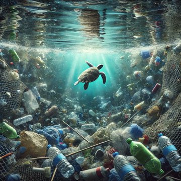 cutestmaja's tweet image. Une scène déchirante sous les vagues d'un océan saturé de déchets plastiques. Bouteilles, sacs et filets polluent non seulement l'eau, mais mettent aussi en danger la vie marine.