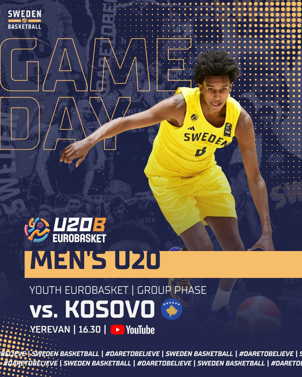 The Men’s U20 continue their #U20EuroBasket group phase today, taking on Kosovo 🇽🇰. Tip-off 16.30, let’s go!

📊 Livestats: fiba.basketball/en/events/fiba…
📺 Watch live: youtube.com/watch?v=p-3T77…

#SwedenBasketball | #DareToBelieve