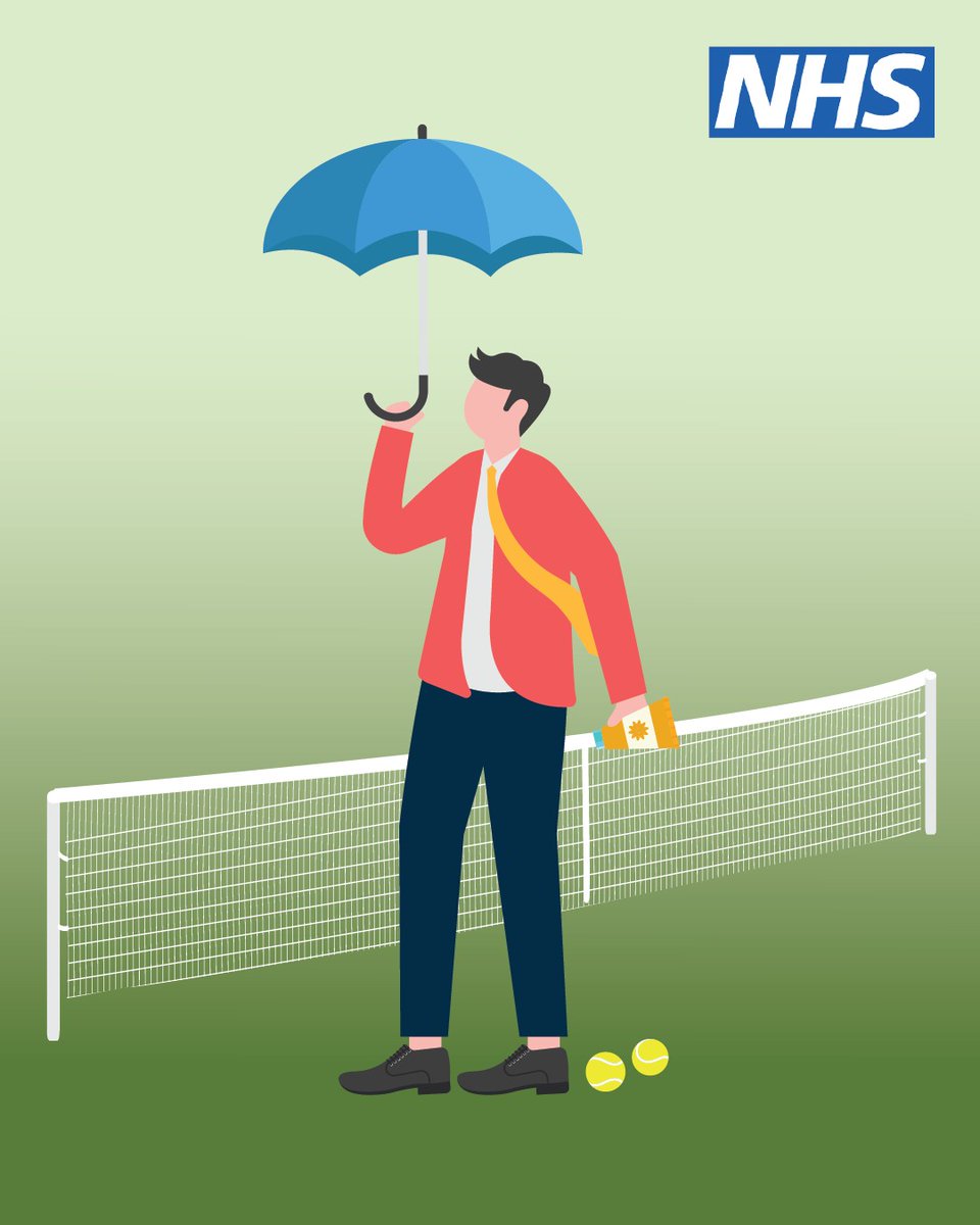 NHSuk's tweet image. If you&apos;re planning on joining The Queue today, or watching the tennis outside, make sure to stay safe and avoid getting sunburn.

Even if it’s cloudy, UV rays can still cause sunburn.

But maybe take an umbrella too. Just in case...

#Wimbledon #TheQueue