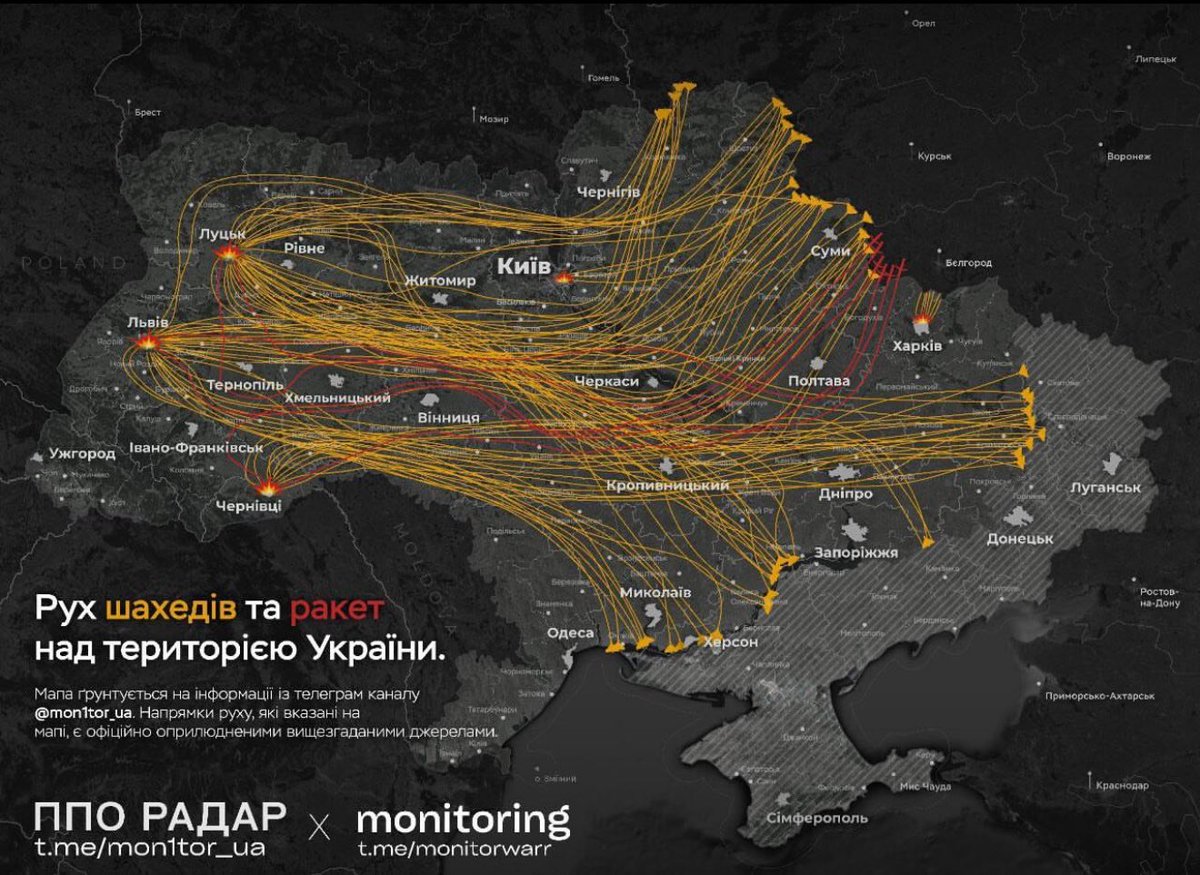 YevhenPronin's tweet image. Dear Europeans, you must understand: these are the flight paths of 90-kilogram deadly bombs flying over Ukrainians heads tonight.
Never forget the price Ukrainians are paying to keep war out of Europe.