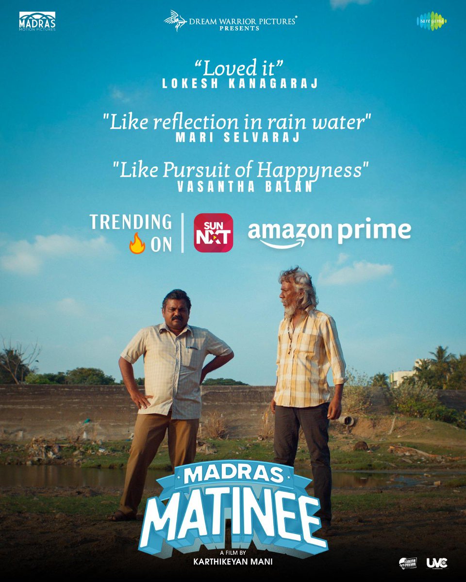 Top directors about #MadrasMatinee! ❤️🎬

🗣️ “Loved it” – Lokesh Kanagaraj
🗣️ “Like a reflection in rainwater” – Mari Selvaraj
🗣️ “Like Pursuit of Happyness” – Vasanthabalan

Now TRENDING on <a href="/PrimeVideoIN/">prime video IN</a> &amp; <a href="/sunnxt/">SUN NXT</a> ! 🔥

Don’t miss this gem! 

<a href="/keyanmk/">keyanmk</a> - directorial 💫