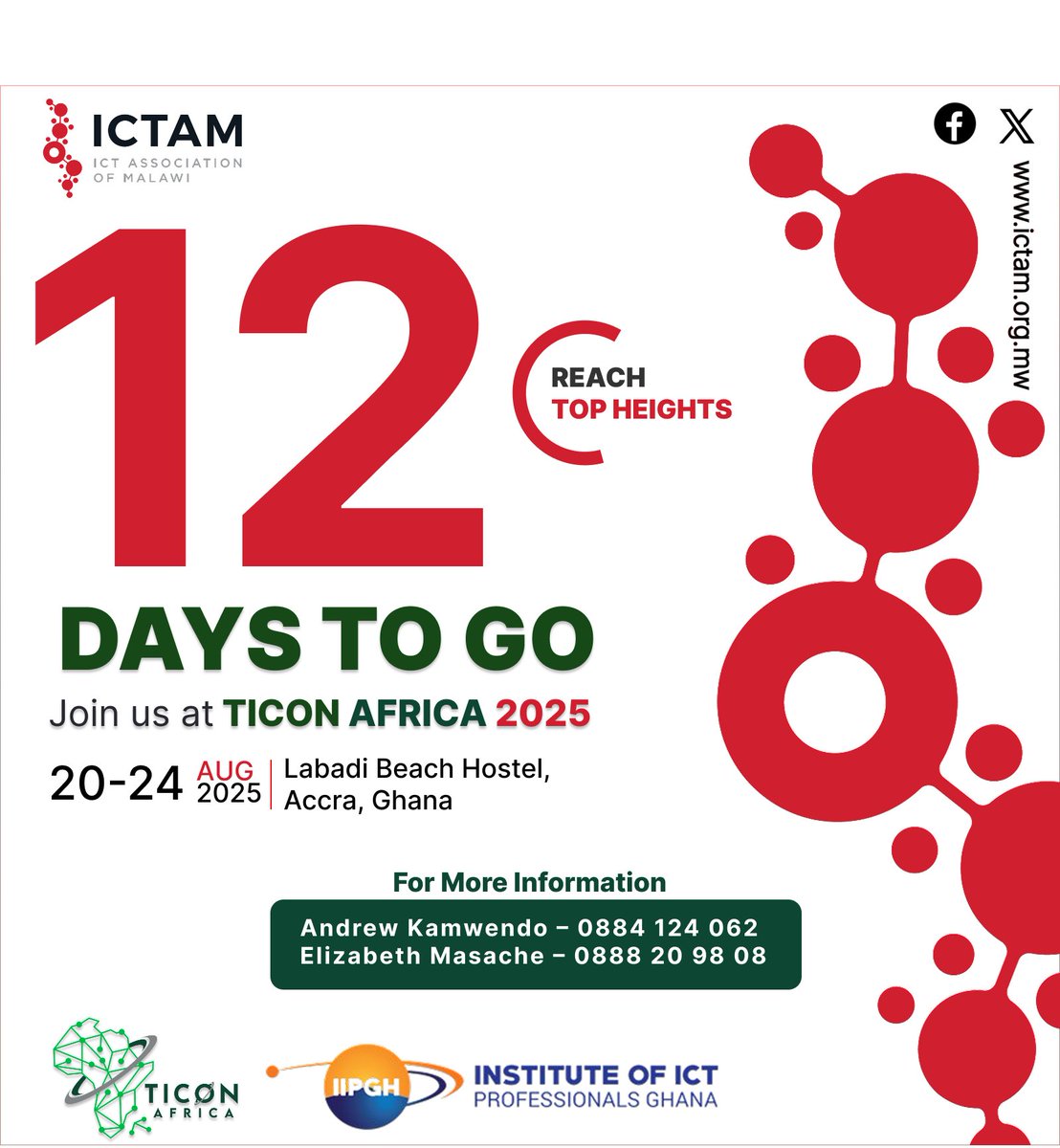 📢 12 DAYS LEFT!
Nominate Malawi’s best for #TICONAfrica2025 Awards! 🌍✨
⏳ Deadline: 15 July 2025
📍 Accra, Ghana | 20–24 August 2025

Let’s spotlight Malawi’s ICT excellence! 🇲🇼
#MalawiICT #TechExcellence #AfricaRising #WomenInTech