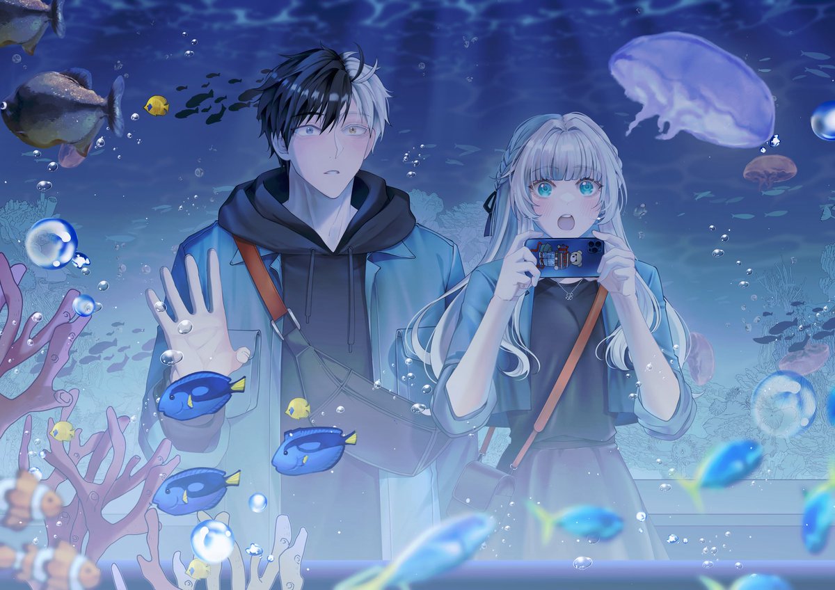 [🌸🍀] | #sakueve 

Blub blub blub🫧
Sea creatures sure are fascinating to look at. Their eyes widened in awe and sparkles brightly as they admire the fishes swimming gracefully at the aquarium🐠

© kalajengkinky