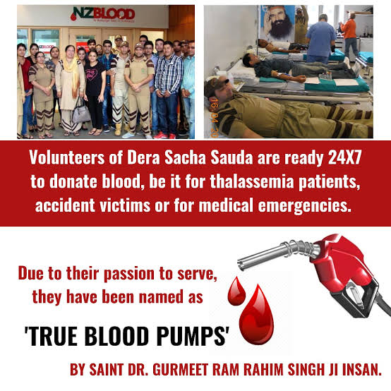 डेरा सच्चा सौदा के सेवादार #RealLifeHero जान बचाने के लिए सबसे आगे आते हैं Saint MSG की प्रेरणा से ये सेवादार हर समय रक्तदान के लिए तैयार रहते हैं। रक्तदान केवल सेवा नहीं जीवनदान है क्योंकि आपका एक यूनिट रक्त,तीन ज़िंदगियाँ बचा सकता है और रक्तदान करते रहने से शरीर स्वस्थ रहता है!