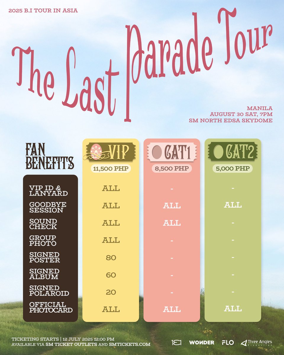 Currently, all tickets are available in the website except for CAT2. There might be tickets in the carts so keep refreshing.

Reminders
• Please refrain from posting your tickets w/ the reference numbers shown.
• Avoid purchasing from resellers.

#TheLastParadeInManila