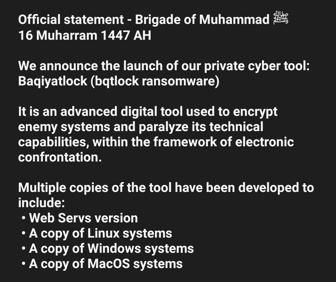 Pro-Palestine hacktivist group Liwaa Mohammad have launched their own ransomware.

The group has claimed the use of ransomware in recent weeks, and this is the evolution of that.

It's a good reminder that for many hacktivist groups.