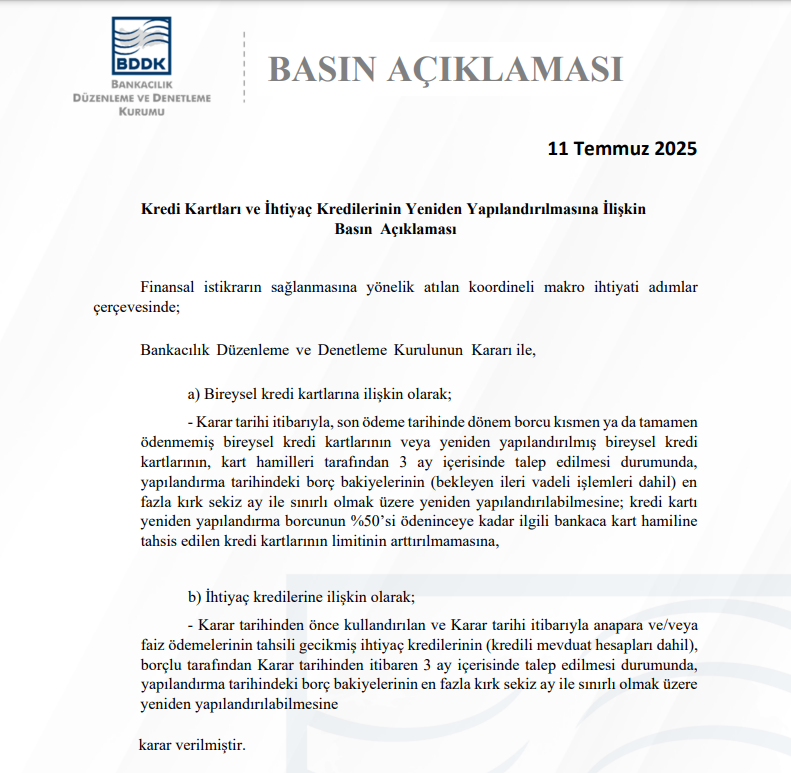 Kredi ve Kredi kartı borcu olanlara müjde: BDDK'dan yeni yapılandırma kararı... 

BDDK, kredi kartı ve ihtiyaç kredisi yapılandırmalarının kapsamını genişletti.

"Kredi kartı yapılandırmasında artık sadece asgari tutarı ödenmeyen değil, dönem borcu kısmen ya da tamamı ödenmeyen
