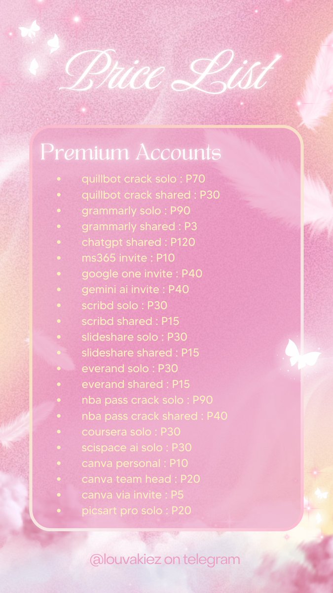 hellooo ! im aki and i am offering any prem account, socmed accounts, and boosting services.

unlimited FREE canva for my buyers!

i have thousands of vouch and proofs, you can view my full pl and info on telegram.

t.me/aboutakilovesh…
t.me/akiloveshop