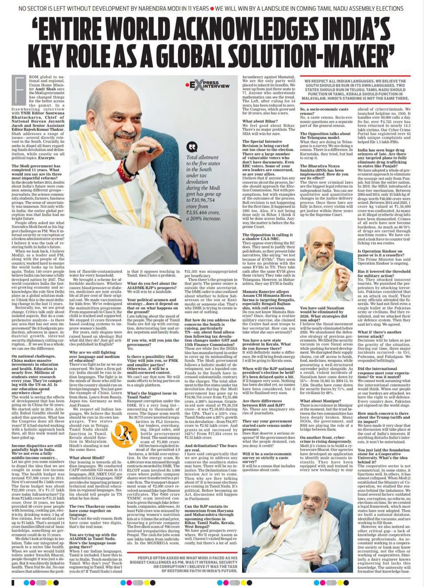 With Modi government completing 11 years, Union Home Minister <a href="/AmitShah/">Amit Shah</a> ji highlights reforms, rebuts claims of bias in tax devolution to the South, outlines BJP’s electoral strategy, and insists Special Intensive Revision will do good. 

Read. newindianexpress.com/nation/2025/Ju…