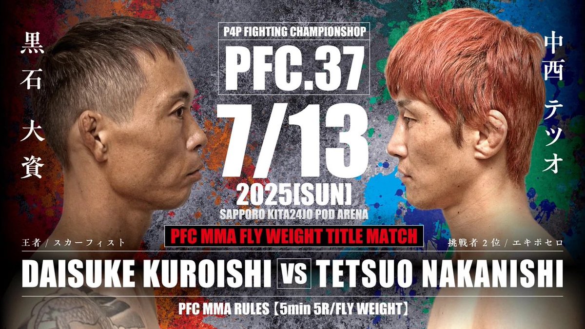 PFC_Hokkaido's tweet photo. ✅前日計量(リモート計量)の結果
両選手計量クリアしました⭕️

🌞🎆🌈#PFC37🌞🎆🌈【第8試合】セミファイナル
👑MMAフライ級タイトルマッチ5分5R
🟥黒石 大資（王者 / スカーフィスト） 56.4kg
 ——🆚——
🟦中西 テツオ（挑戦者 2位 / エキポセロ） 56.7kg https://t.co/89O3fDTz0j