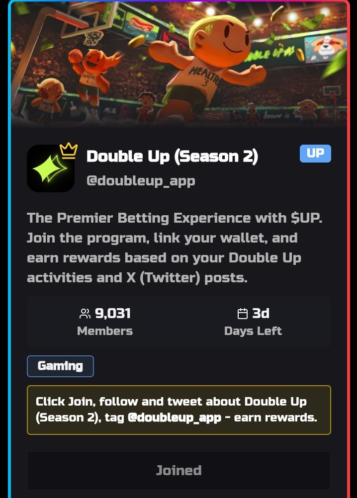 Here’s a tweet for DoubleUp (assuming you're referring to Season 2 or a challenge-style theme):

🎯 Double the grind. Double the rewards.
<a href="/DoubleUpS2/">🛡️doubleups🇺🇸</a> isn’t just a— it’s a test of consistency. <a href="/GiveRep/">GiveRep</a>
@boubleup Let’s Double Up. 🚀
#DoubleUp #SuiEcosystem #Web3Challenge #GiveRep