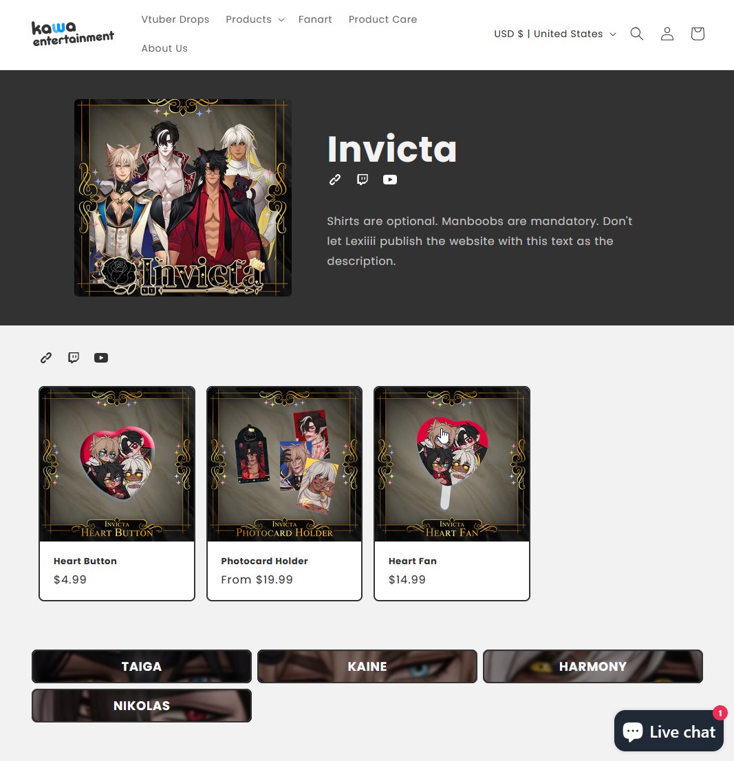 INVICTAVT OFFICIAL (@invictavt) on Twitter photo 🛍️INVICTA X <a href="/kawa_entertain/">Kawa Entertainment</a> ❤️💙💛🖤
You are now able to order #InvictaVT merch through <a href="/kawa_entertain/">Kawa Entertainment</a>'s official website! 🕺
Don't hesitate to share your hauls with us! 😍‼️
<a href="/Taiga_Chama/">Taiga Chama 🐈⬛🍷INVICTA</a> <a href="/KaineKnight_/">Kaine Knight 🐺⚔ INVICTA</a> <a href="/Harmony_Kyrus/">Harmony Kyrus 💫✨INVICTA</a> <a href="/NikolasNelo/">Nikolas🦇 INVICTA Resurgence 😶🌫️</a> itabags when- 😳
🛒Link to order below⤵️ 🛍️INVICTA X <a href="/kawa_entertain/">Kawa Entertainment</a> ❤️💙💛🖤
You are now able to order #InvictaVT merch through <a href="/kawa_entertain/">Kawa Entertainment</a>'s official website! 🕺
Don't hesitate to share your hauls with us! 😍‼️
<a href="/Taiga_Chama/">Taiga Chama 🐈⬛🍷INVICTA</a> <a href="/KaineKnight_/">Kaine Knight 🐺⚔ INVICTA</a> <a href="/Harmony_Kyrus/">Harmony Kyrus 💫✨INVICTA</a> <a href="/NikolasNelo/">Nikolas🦇 INVICTA Resurgence 😶🌫️</a> itabags when- 😳
🛒Link to order below⤵️