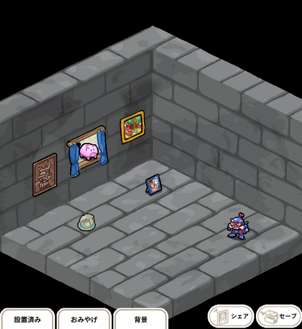 #ポポロ夢のつづき　
夢のつづきのおみやげ部屋、遊んでみたのでシェアしてみます！
どなたかが窓のとこにブタさん貯金箱置いてらしたの良いなぁと思ったので真似してみました（）
↓こちらです↓
yumeno-tuduki.halfmoon.jp