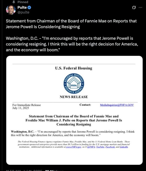 🚨JUST IN: CHAIR OF FANNIE MAE AND FREDDIE MAC REPORTS THAT POWELL IS CONSIDERING RESIGNING

'THE ECONOMY WILL BOOM'