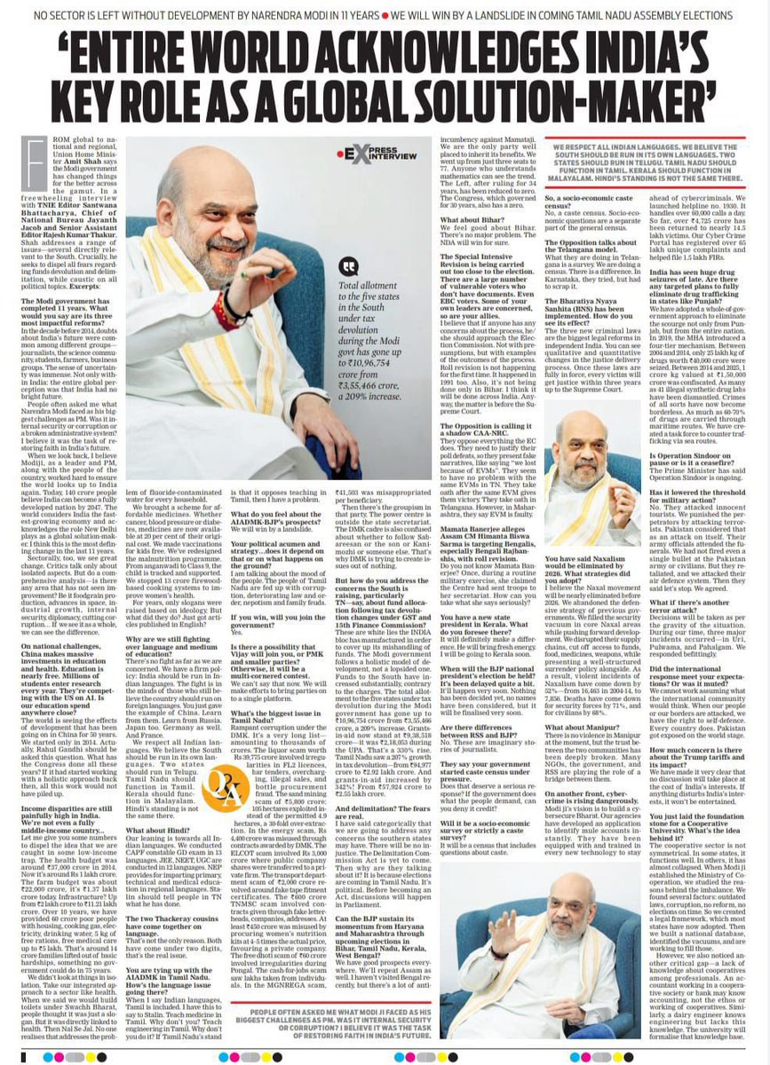 With Modi government completing 11 years, Union Home Minister Shri <a href="/AmitShah/">Amit Shah</a> ji’s highlights reforms, rebuts claims of bias in tax devolution to the South, outlines BJP’s electoral strategy, and insists Special Intensive Revision will do good. 

Read. newindianexpress.com/nation/2025/Ju…