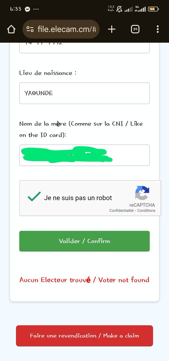 FloreMboussi's tweet photo. Je suis allée vérifier mes informations sur le site officiel d'Elecam

« aucun électeur trouvé » est la réponse obtenue 

Pourtant régulièrement inscrite depuis 2013 🙂 https://t.co/L1XNmmqYQt