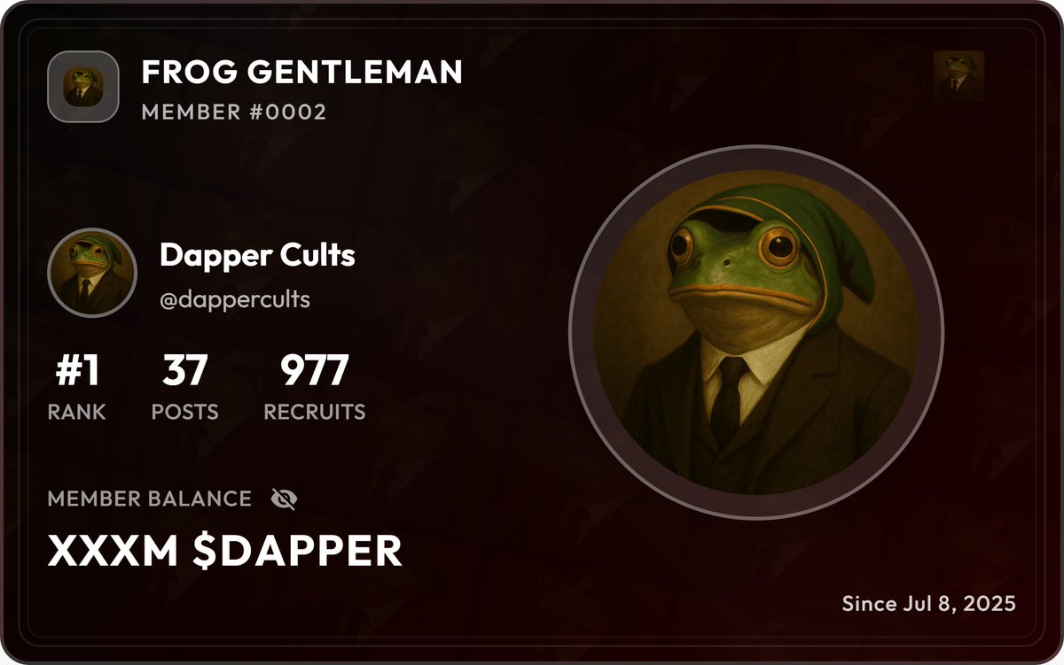 V2 <a href="/cultsdotfun/">cults</a> is absolutely awesome!
$DAPPER holders can now generate their own Member Card 🐸

CA: qzgB2BW3NjC4UYKUJiVW3A4HMQQPCnBJ1Dvn2SdCULT

🎟️ Claim yours here:
cults.fun/coin/qzgB2BW3N…