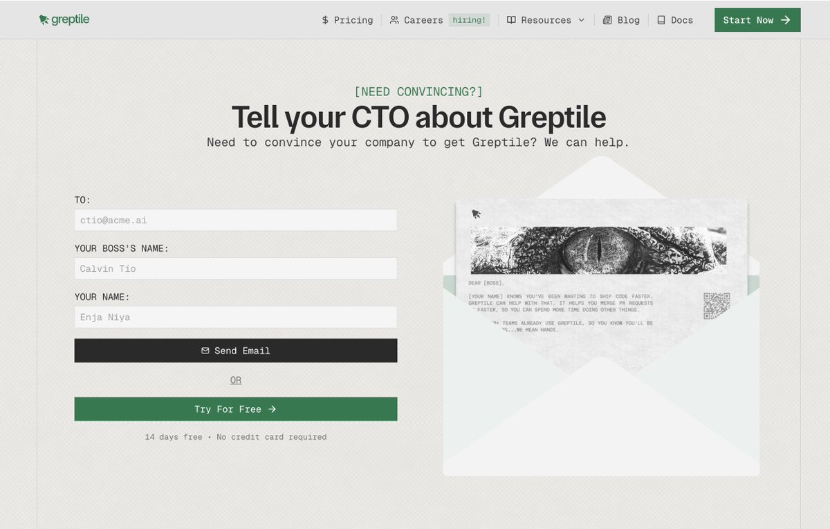 jun_aui's tweet image. I like @greptileai product page. Instead of just offering a “Free trial” call to action, they focus on the real decision maker, the CTO
Smart UX that helps devs advocate up the chain
greptile.com
