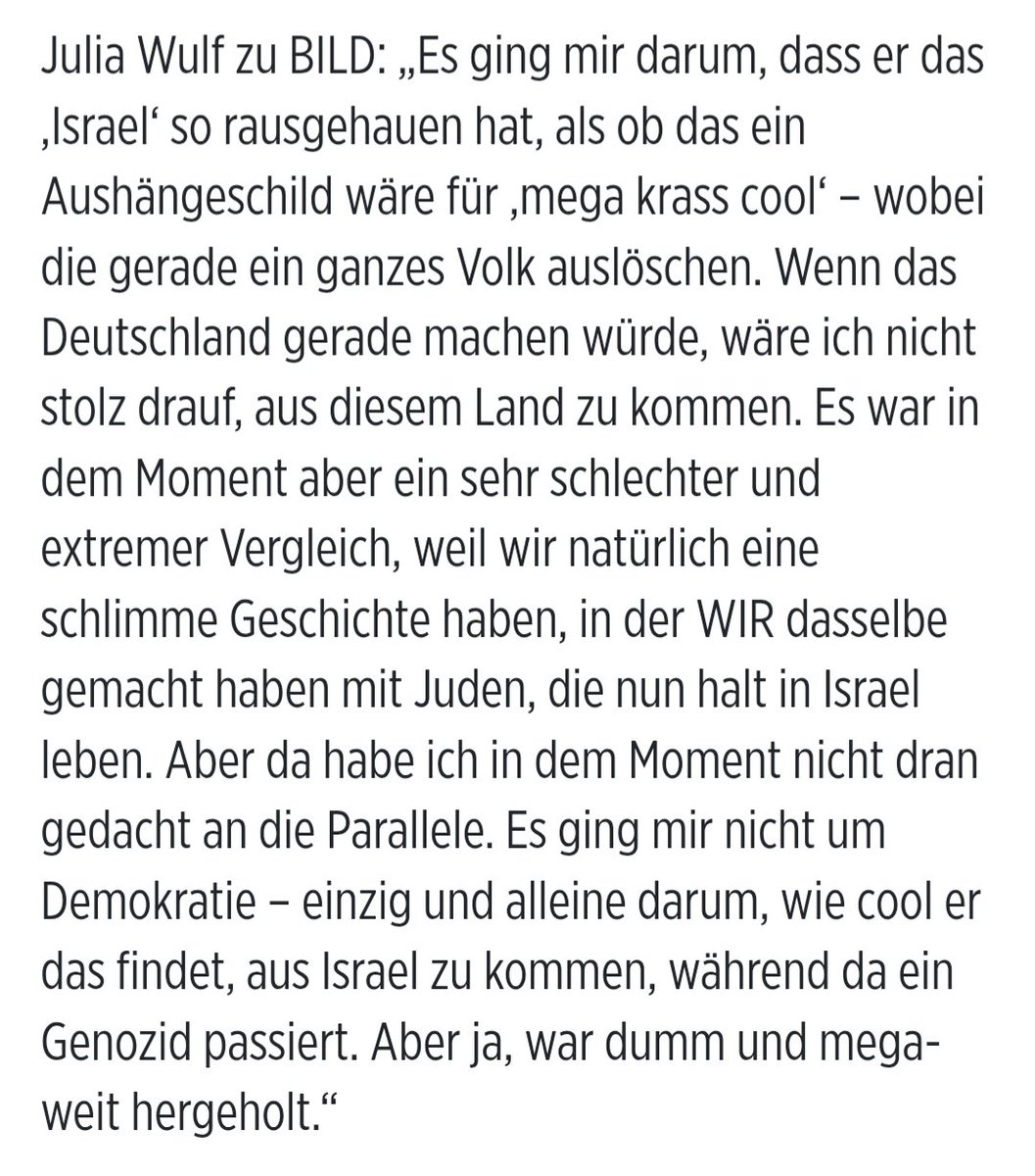 HeiLender™ (@heilenderer) on Twitter photo Meldung aus Gut™Land:
Das "I-Wort" ist jetzt nicht mehr "Indianer", sondern "Israel".
Die Entschuldigung von Julia Wulf lest ihr im dritten Screen. Da gibt's dann gleich noch den üblichen Vergleich zwischen dem dritten Reich und Israel.
m.bild.de/unterhaltung/t… Meldung aus Gut™Land:
Das "I-Wort" ist jetzt nicht mehr "Indianer", sondern "Israel".
Die Entschuldigung von Julia Wulf lest ihr im dritten Screen. Da gibt's dann gleich noch den üblichen Vergleich zwischen dem dritten Reich und Israel.
m.bild.de/unterhaltung/t…