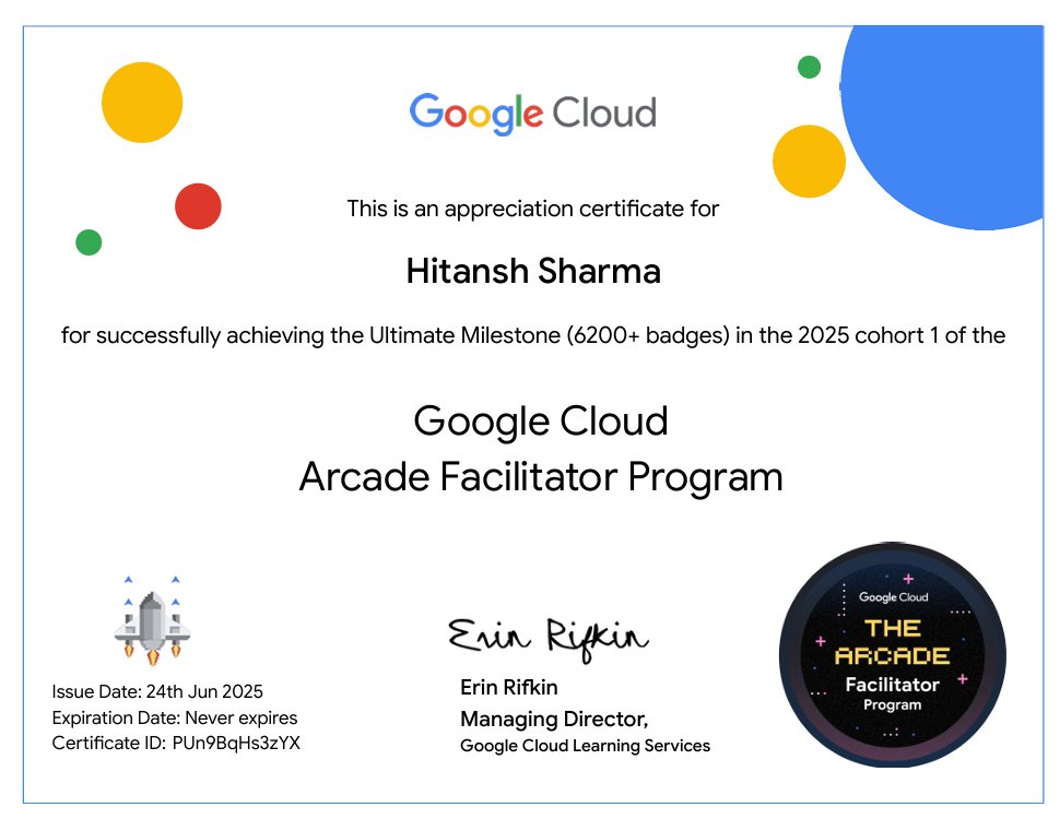 HitanshSharma25's tweet photo. Honored to be selected again as a Google Cloud Arcade Facilitator – Cohort 1 (2025)! ☁️
Mentored 750+ learners &amp; built a vibrant community of 3,000+ students.
Together we achieved:
🏅 12.7K+ Skill Badges
🎮 3.3K+ Arcade Games
🧠 2.8K+ Trivia Games

Grateful for the journey! 🙌 https://t.co/RkDLAB3dqc
