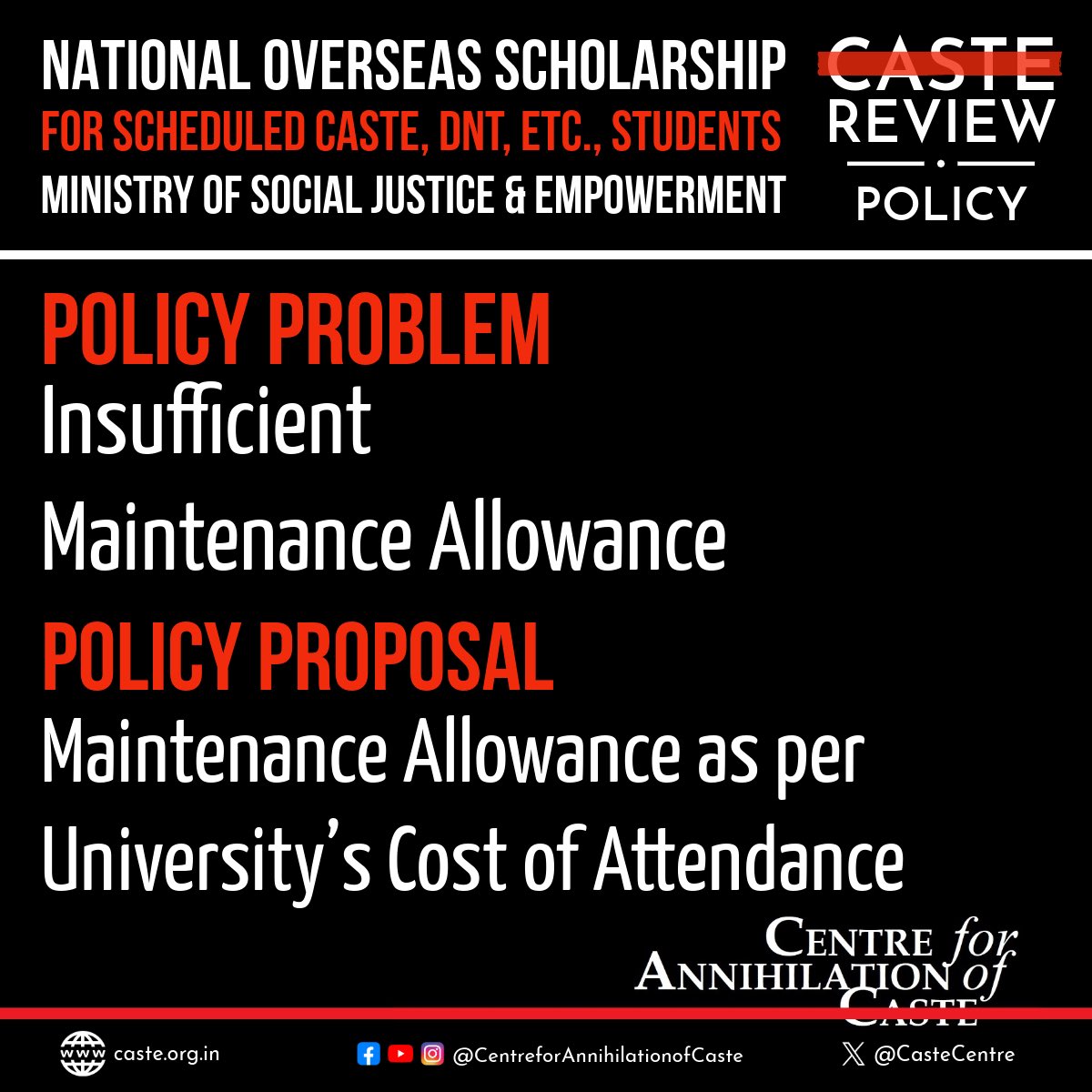 CasteCentre's tweet photo. 🚨 Scuttling Opportunities: Policy Problems in the National Overseas Scholarship (NOS) Scheme | #CasteReview | #PolicyReview
⚠️ #PolicyProblem: Insufficient Maintenance Allowance
🔴 The Annual Maintenance Allowance is typically spent on housing and food. This amount, as outlined in the Scheme Guidelines, has remained unchanged for more than 10 years.
🔴 The Scheme has failed to account for inflation and update the allowance during this period. Instead, the same amount is proposed in the budgetary allocations year after year.
🔴 The average cost of housing and food required to complete one academic year abroad far exceeds what the Scheme provides.
🔴 This insufficient maintenance allowance is the primary reason why many applicants choose not to apply for the Scheme.
📄 #PolicyProposal: Maintenance Allowance as per University’s Cost of Attendance
🔴 The Scheme must be amended to provide for the actual cost of maintenance to be incurred by an applicant, based on the official cost of attendance provided by the university where the applicant has secured admission.
🔴 Instead of offering a uniform average maintenance allowance to all applicants, the allowance should be linked to the specific university.
🔴 Universities are located in different cities, each with its own cost of housing, food, utilities, and other expenses.
🔴 This approach would prevent applicants from taking on hefty loans to sustain themselves before embarking on their academic journey abroad and would make the Scheme accessible to the poorest of the poor, rather than only the relatively well-off.
🌐 #Reference: https://t.co/ILZMJkNmKW