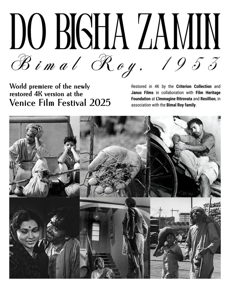 What better news on Bimal Roy’s 116th birth anniversary “Do Bhigha Zamin”restored in 4K will have it’s world premiere at the Venice film festival…..it was wonderful to collaborate with Criterion and Janus films for the restoration which took three years….