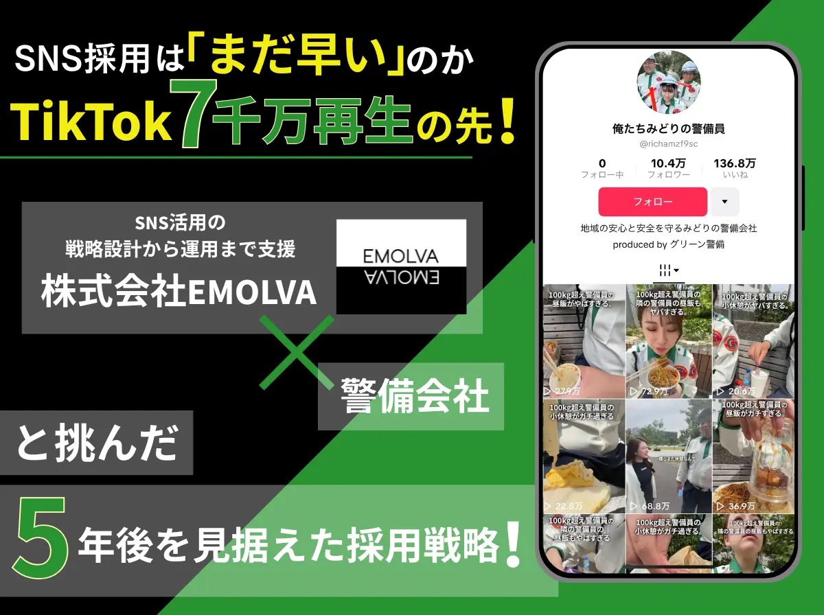 sakakibara_sns's tweet image. 警備業界の人材不足という社会課題に、弊社がグリーン警備保障様とSNSマーケティングで取り組んだ軌跡をプレスリリースで発表しました。
半年で7,000万再生突破・10万フォロワー以上を獲得。結果70名以上の入社希望を実現し、従来困難とされた業界でのSNS採用の可能性を実証
prtimes.jp/main/html/rd/p…