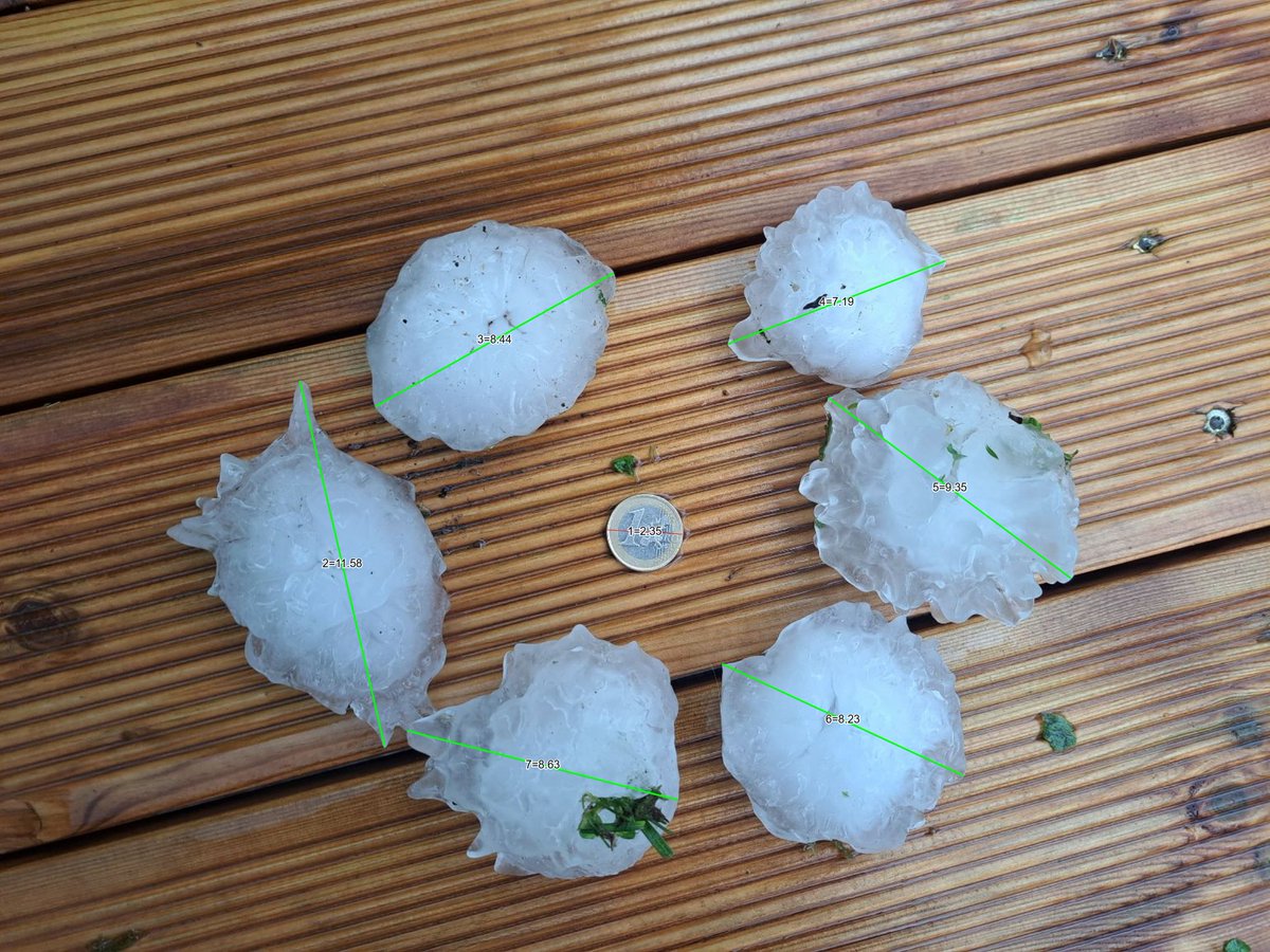 MeteoLatvia's tweet photo. Labrīt!

Lielākais (fiksētais) krusas grauds vakar bijis 11,5 cm izmērā, tādejādi uzstādot Latvijas krusas grauda izmēra absolūto (neoficiālo) rekordu. Līdz šim tik liela izmēra krusas grauds Latvijas teritorijā vēl nav reģistrēts.

Šis ir arī pirmais milzu krusas (giant hail >= 10 cm) ziņojums Eiropas bīstamu vētru datubāzē (ESWD), Latvijas teritorijā.

📸 Sigita Zaļā (Smiltenes novada Palsmane)