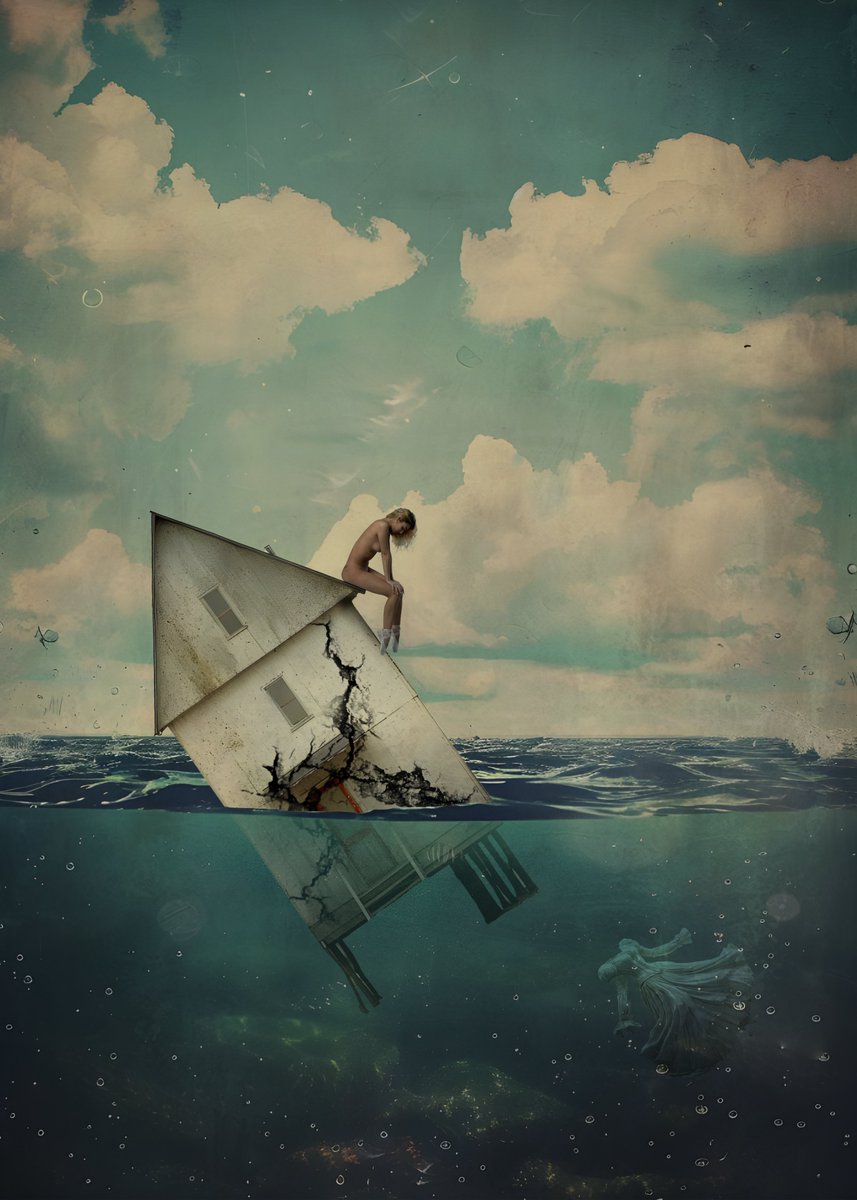 The House That Couldn’t Hold Her - she sits at the edge of collapse, above a memory submerged. A quiet fracture between presence and disappearance. Available as NFT and prints
#SurrealArt #DigitalArt #PoeticArt #ConceptualArt #VisualNarrative #NFTVisions_Art #Symbolism #Rarible