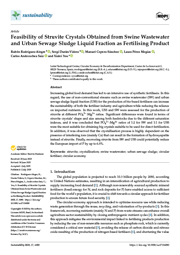 CBE_JU's tweet image. A new peer-reviewed article from the CBE JU-funded ReLEAF Project EU demonstrates that struvite crystals, produced from swine wastewater and urban sewage sludge, can serve as effective, slow-release #biobased #fertilisers.
📄 Read the full article: doi.org/10.3390/su1713…