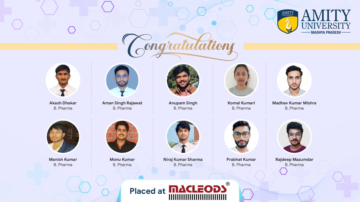 Congratulations to the students of Amity Institute of Pharmacy for securing campus placements at #Macleods.

We are proud of their achievements and wish them continued success.

#AmityUniversityMadhyaPradesh #Gwalior #CampusPlacement #PharmaPlacement #CareerSuccess #AmityPharmacy