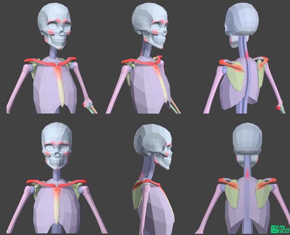 Stylized female skeleton update. As you can see, I marked the bone points that affect the appearance in red.