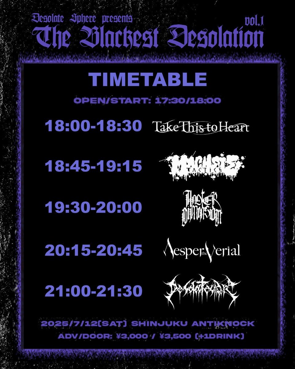 ⚠️本日開催⚠️

Desolate Sphere企画
The Blackest Desolation

新宿Antiknock　18:00Start

メタルヘッズは全員アンチノックに集合でお願いします🔥