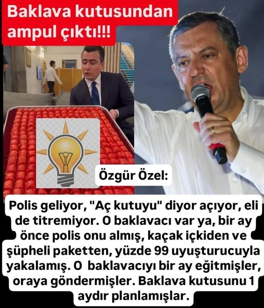 TC_TOPRAK_'s tweet photo. 🙊 #TANRIM , #AKLIM
🙊 #SANA #EMANET
🙊 #İŞTE #MELÂNET
.
#Özgür #Özel  ‘kumpas’ı  #anlattı ,
#savcılık #soruşturma #başlattı.!!
📌 “Bakın günlerdir, baklavacı var ya baklavacı. Hani polis 'Aç kutuyu' deyince gayet sakin, hazırlıklı olarak kutuyu açan o baklavacı var ya. Bir ay önce polis onu almış. Bir ay önce #çevirmede kaçak içkiler ve şüpheli paketle (yüzde 99.9) uyuşturucu ile yakalanmış.
📌‼️ O  baklavacıyı  #bir #ay #boyunca #eğitmişler. Oraya  önce  baklavacıyı , peşinden  de  #çantacıyı #yollamışlar. Elimizde  32  saatlik  #görüntü #var. Dakika  dakika  planlamışlar.