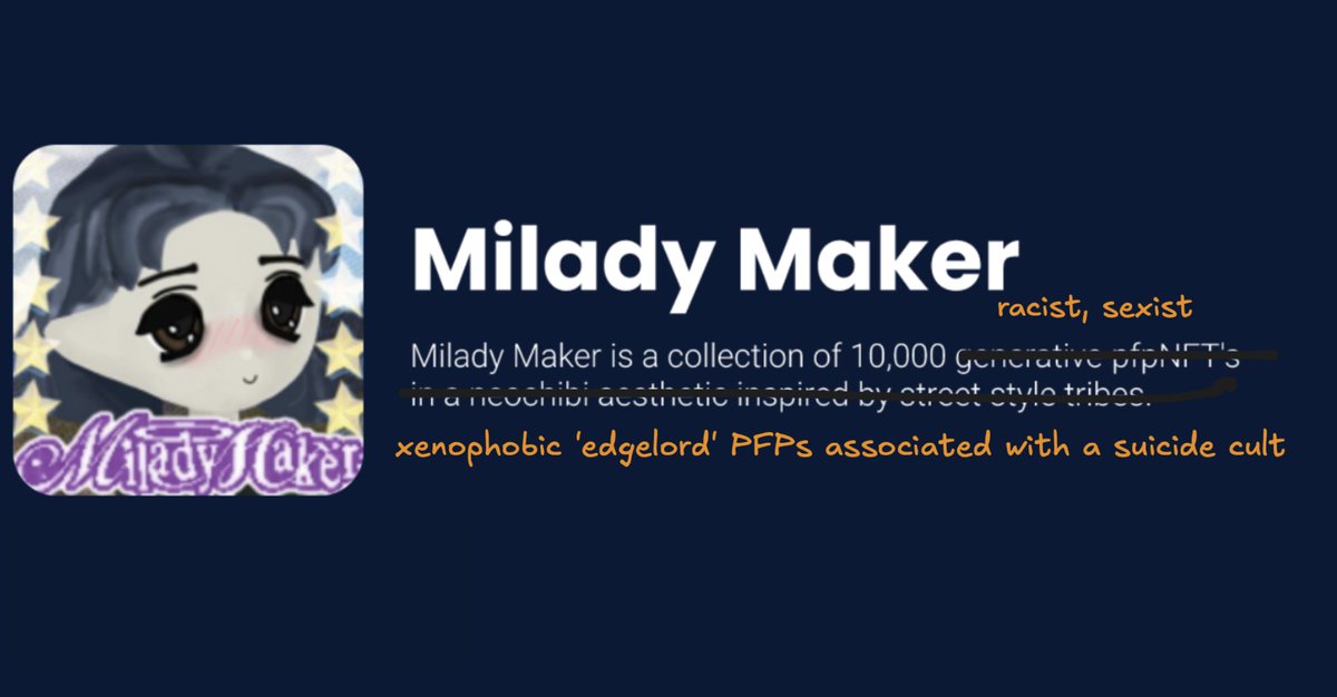 Death cults, white supremacism and grooming people into anorexia

This was the reality of Milady Maker and Remilia

Our space is repping PFPs that show the worst side of internet culture 👇