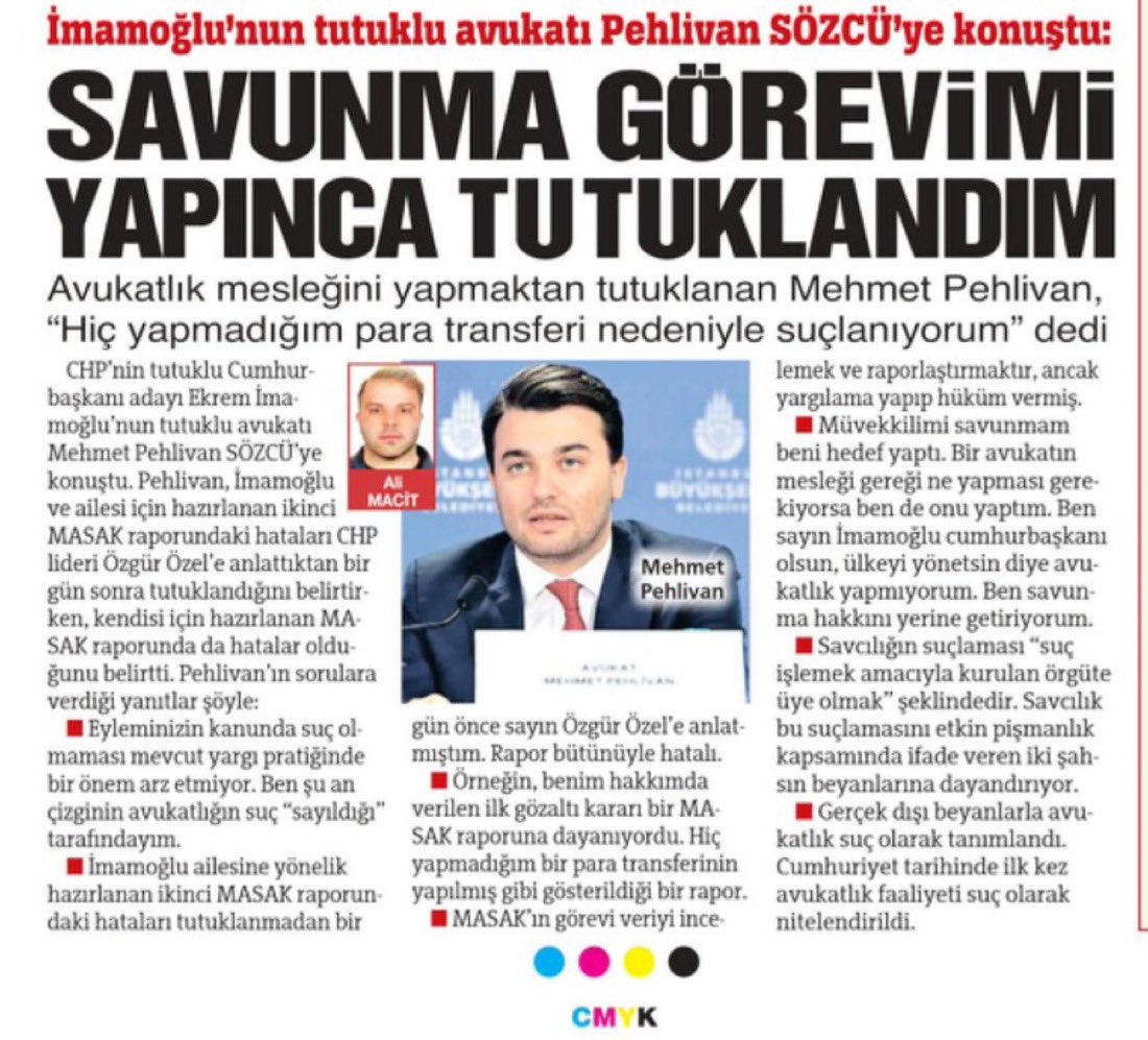 Ekrem İmamoğlu’nun avukatı Mehmet Pehlivan Sözcü’ye konuştu:

“Savunma görevimi yapınca tutuklandım.”