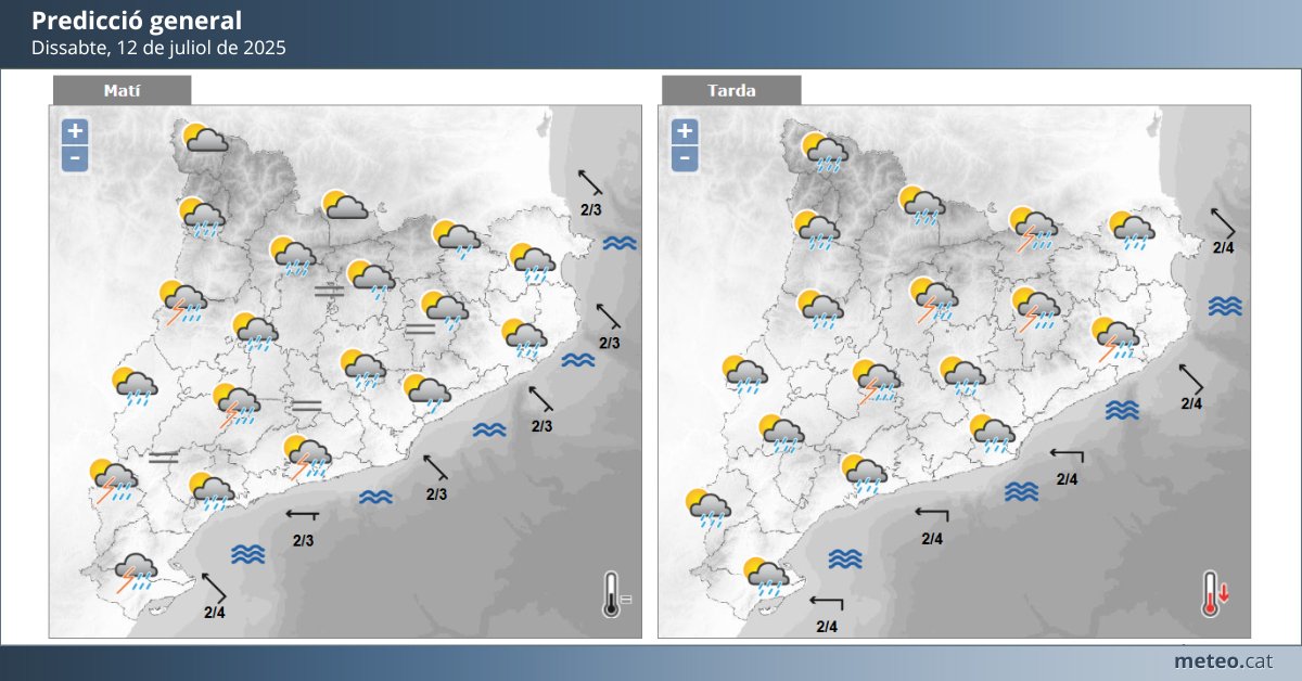 #PrediccióAvui

Es preveuen xàfecs i tempestes a qualsevol indret que seran:

⛈ d'intensitat forta o localment torrencial ⚠

🌧 abundants o molt abundants ⚠

⛈ amb calamarsa o pedra ⚠

💨 amb ràfegues de vent  ⚠

Per saber tota la previsió 👇:
meteo.cat/prediccio/gene…