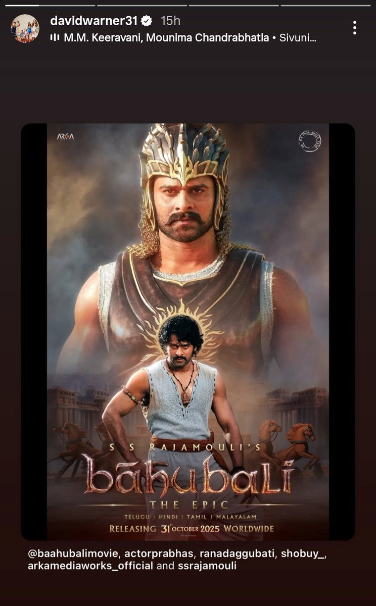 PrabhasNetwork_'s tweet image. #DavidWarner Shared #BaahubaliTheEpic Post to His Insta Story 😍💫❤️‍🔥 

#Celebrating10YearsOfBaahubali #Prabhas #DecadeofBaahubaliReign #Baahubali