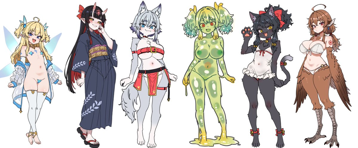 pointcircle's tweet photo. これで、ひとまず6キャラ分のデザインおわり！！
（妖精・鬼娘・犬娘・スラ���ム娘・猫娘・鳥娘） https://t.co/rHnpaWknc3