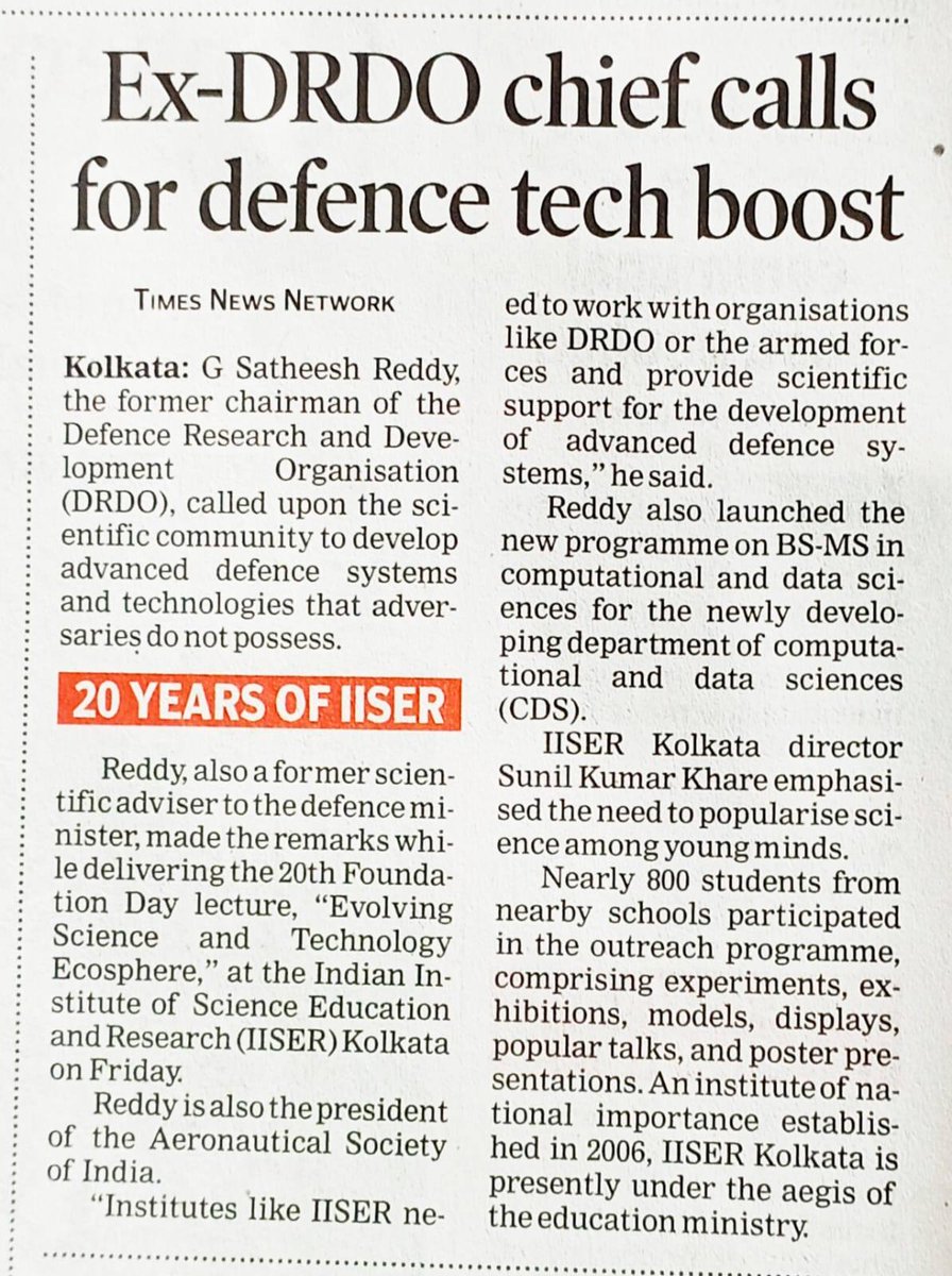 IISER Kolkata (@iiserkol) on Twitter photo 20th Institute Foundation Day event coverage in the news papers, The Telegraph and The Times of India.
<a href="/EduMinOfIndia/">Ministry of Education</a>
<a href="/nawegate/">Dr G Satheesh Reddy</a>
<a href="/PTI_News/">Press Trust of India</a> <a href="/PIB_India/">PIB India</a>
<a href="/skkhare781/">sunil khare</a>
<a href="/priyank_june/">Priyank Chaturvedi</a> 20th Institute Foundation Day event coverage in the news papers, The Telegraph and The Times of India.
<a href="/EduMinOfIndia/">Ministry of Education</a>
<a href="/nawegate/">Dr G Satheesh Reddy</a>
<a href="/PTI_News/">Press Trust of India</a> <a href="/PIB_India/">PIB India</a>
<a href="/skkhare781/">sunil khare</a>
<a href="/priyank_june/">Priyank Chaturvedi</a>