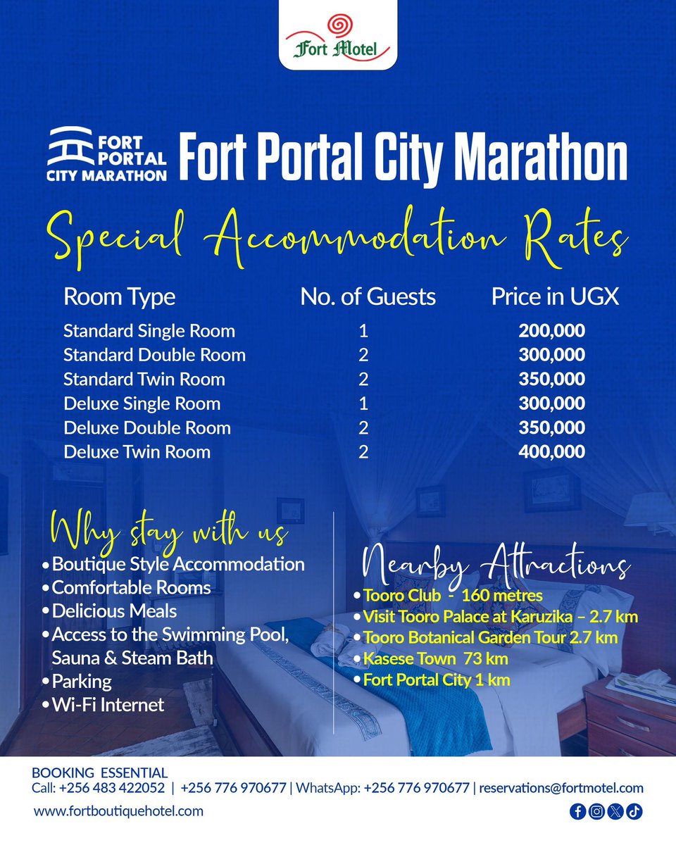 Fort Motel (@fortmotel) on Twitter photo 📢 Special Rates for <a href="/FPcitymarathon/">Fort Portal City Marathon</a> Runners at Fort Motel! 🏃♂️ Stay in <a href="/FortPortalCity1/">FORT PORTAL TOURISM CITY</a> Jul 19, 2025: Book by Jul 10 for 10% off! Incl. breakfast, swimming pool access, mountain views. Call +256 776 970 677 or DM! #RwenzoriMarathon2025 #FortBoutiqueHotel 📢 Special Rates for <a href="/FPcitymarathon/">Fort Portal City Marathon</a> Runners at Fort Motel! 🏃♂️ Stay in <a href="/FortPortalCity1/">FORT PORTAL TOURISM CITY</a> Jul 19, 2025: Book by Jul 10 for 10% off! Incl. breakfast, swimming pool access, mountain views. Call +256 776 970 677 or DM! #RwenzoriMarathon2025 #FortBoutiqueHotel