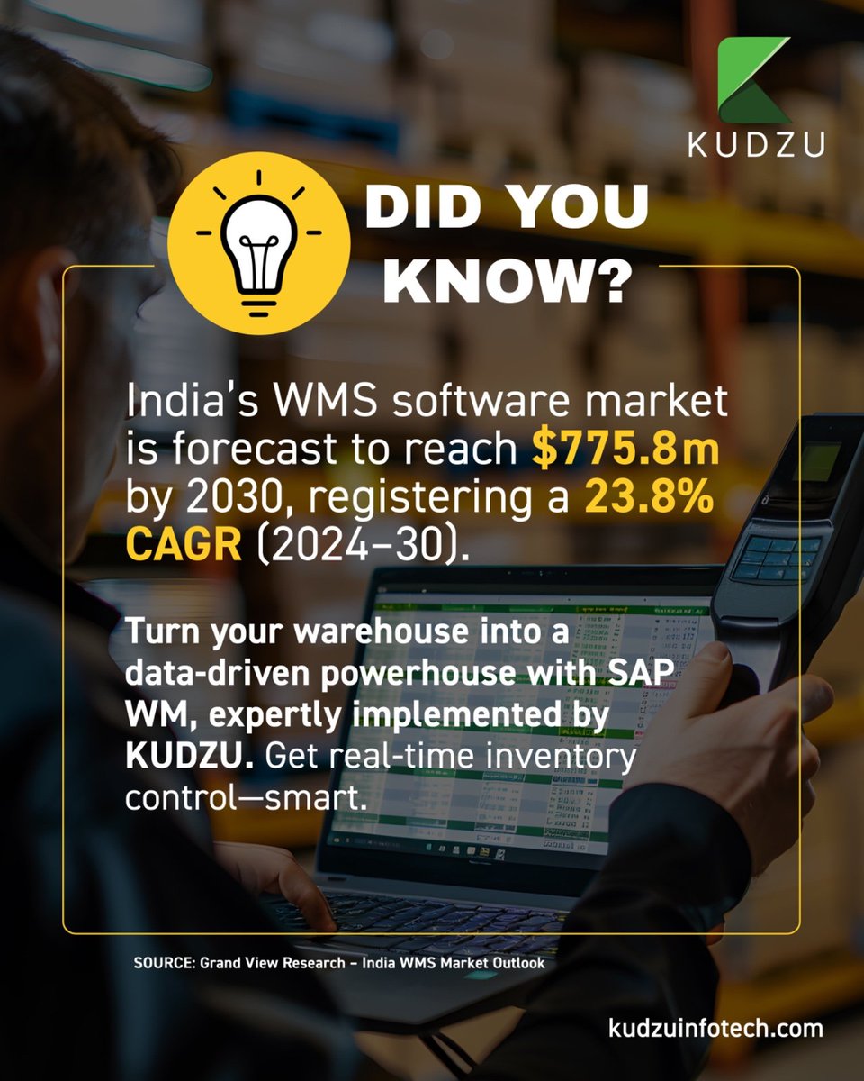 kudzu_infotech's tweet image. Rapid growth in warehouse automation demands powerful WMS capabilities. SAP WM equips you with precision bin-level control—while KUDZU ensures swift implementation and uptime.

 #SAPWM #WarehouseAutomation #KUDZUsolutions
