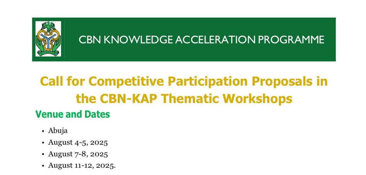 CBN Knowledge Acceleration Programme: Call For Papers.

Kindly click the link to read more on the CBN website : cbn.gov.ng/Out/2025/CCD/F…

#CBN
#KAP