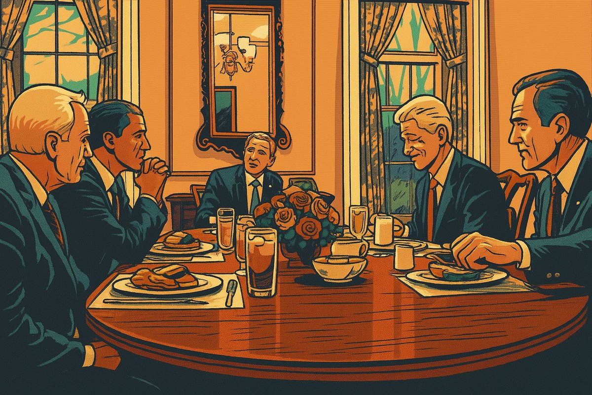 In 2009, all living US presidents gathered around one table — Bush, Obama, Clinton, H.W. Bush, and Biden — for a symbolic lunch, just weeks before the peaceful transfer of power. Republicans and Democrats breaking bread, smiling for the cameras. A moment sold as unity.

Today,