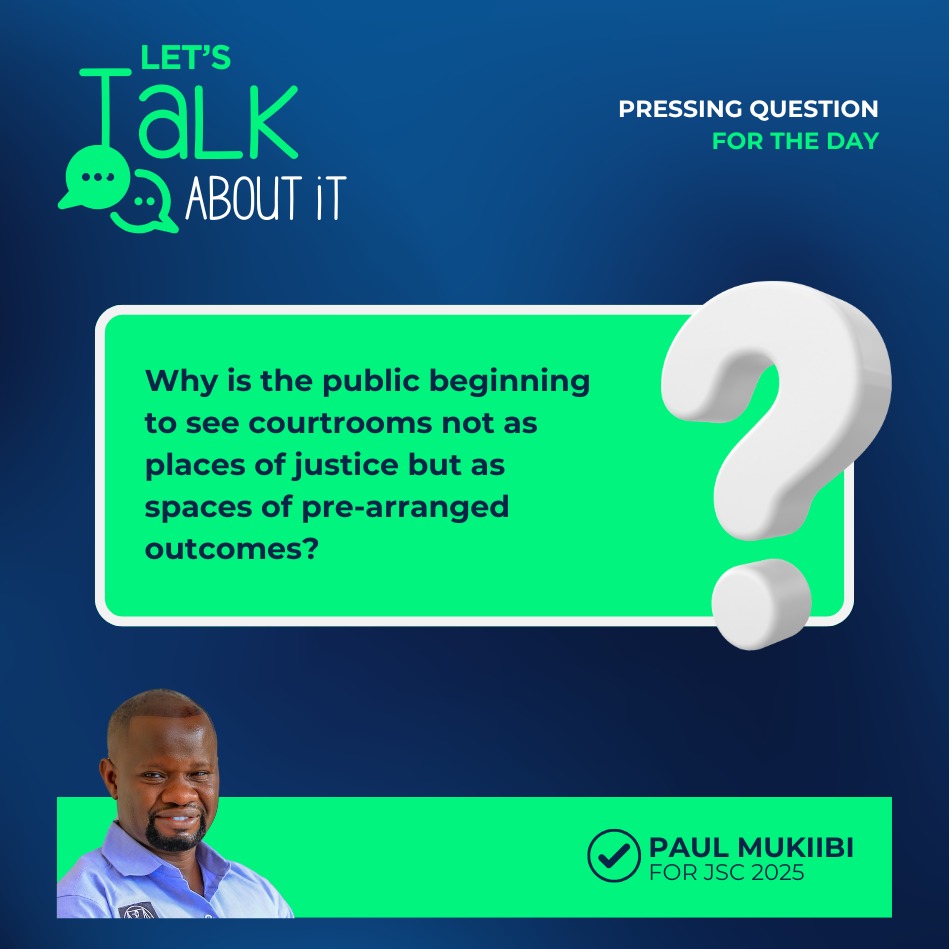 🚨PRESSING QUESTION OF THE DAY
Why is the public starting to view courtrooms not as places of justice but as spaces for pre-arranged outcomes?

Let’s talk about it.
#JusticeMatters #JudicialCredibility #PaulMukiibi4JSC2025