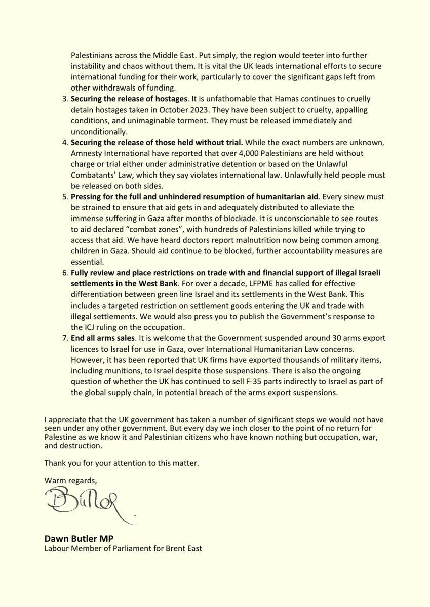 DawnButlerBrent's tweet image. Alongside fellow MPs, I’ve written to the Foreign Secretary calling for urgent action in Gaza.

My two additions:
1. Release Palestinians held without trial
2.End all UK arms sales to Israel

We must go faster &amp;amp; further to protect lives &amp;amp; uphold international law.