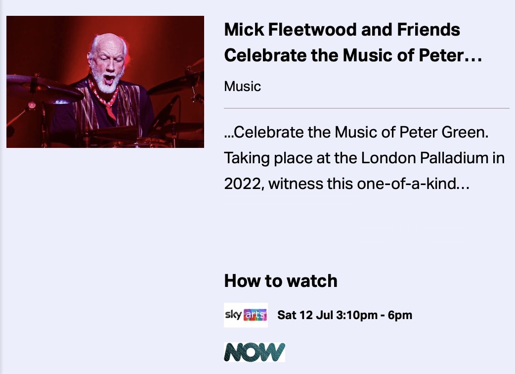 fmfanuk's tweet image. UK TV Alert: Mick Fleetwood and Friends celebrate the Music of Peter Green on Sky Arts today at 15:10