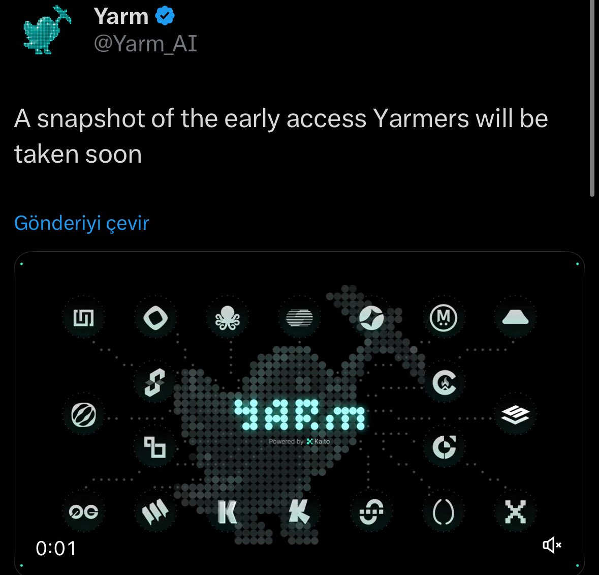 gYarm Community 👀

<a href="/Yarm_AI/">Yarm</a>'s latest post is important 👇

A snapshot of the early access Yarmers will be taken soon

Powered by Kaito and <a href="/MitosisOrg/">Mitosis</a> ✅