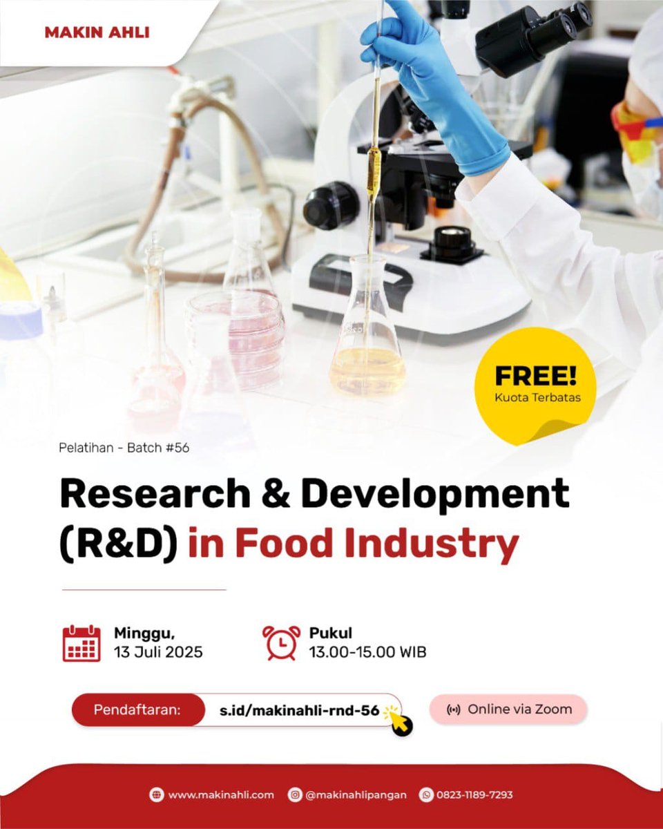 MakinAhli's tweet photo. Daftar Pelatihan Makin Ahli 2025 @MakinAhli dengan Topik Pelatihan Research and Development (R&amp;D) In Food Industry Batch 56 di Link  ini 👇 :
https://t.co/bdpKy38x8P 😊 https://t.co/7g9UsZPvRZ